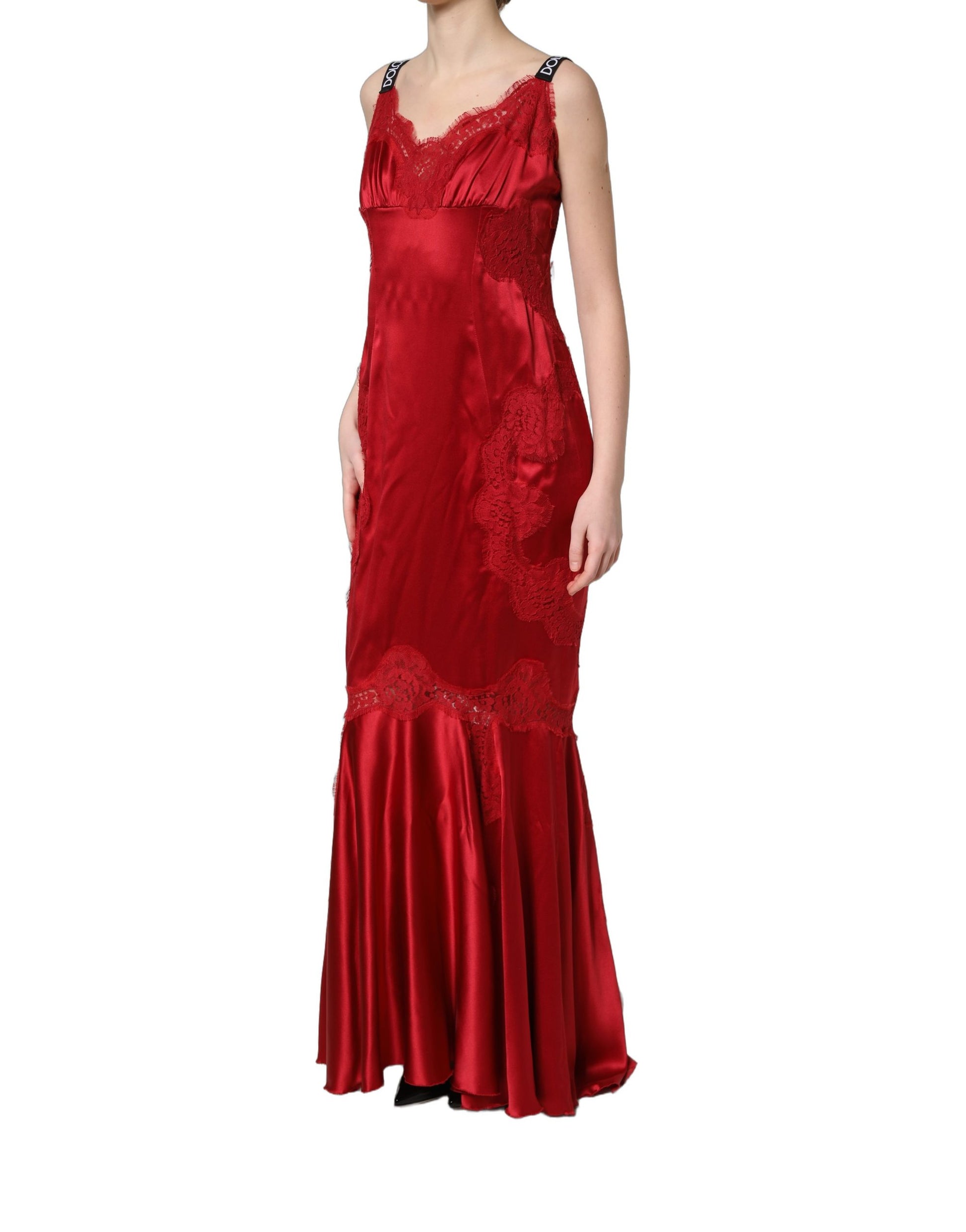 Dolce & Gabbana Red Silk Sleeveless Maxi Dress with Lace Trim