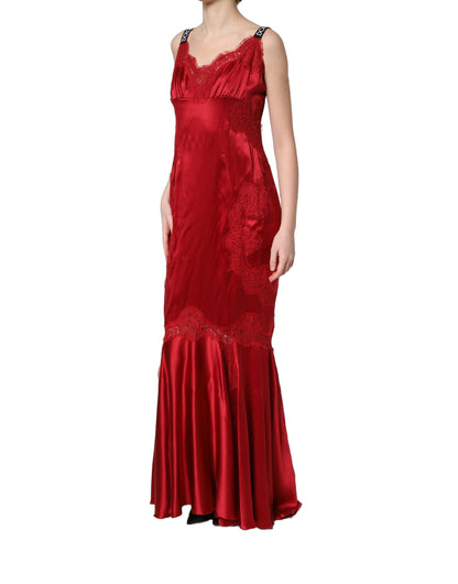 Dolce & Gabbana Red Silk Sleeveless Maxi Dress with Lace Trim