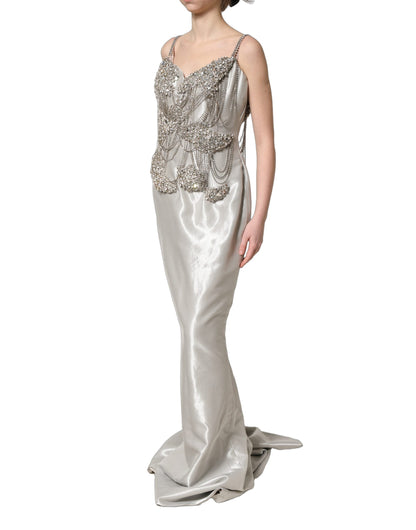 Dolce & Gabbana Silver Crystal Embellished Evening Gown Dress