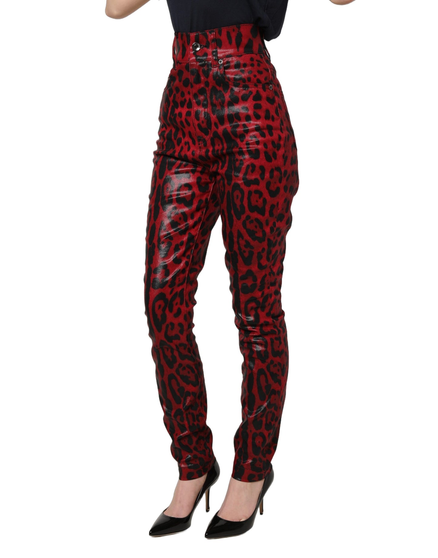 Dolce & Gabbana Glossy Red Leopard Skinny High Waist Denim Jeans