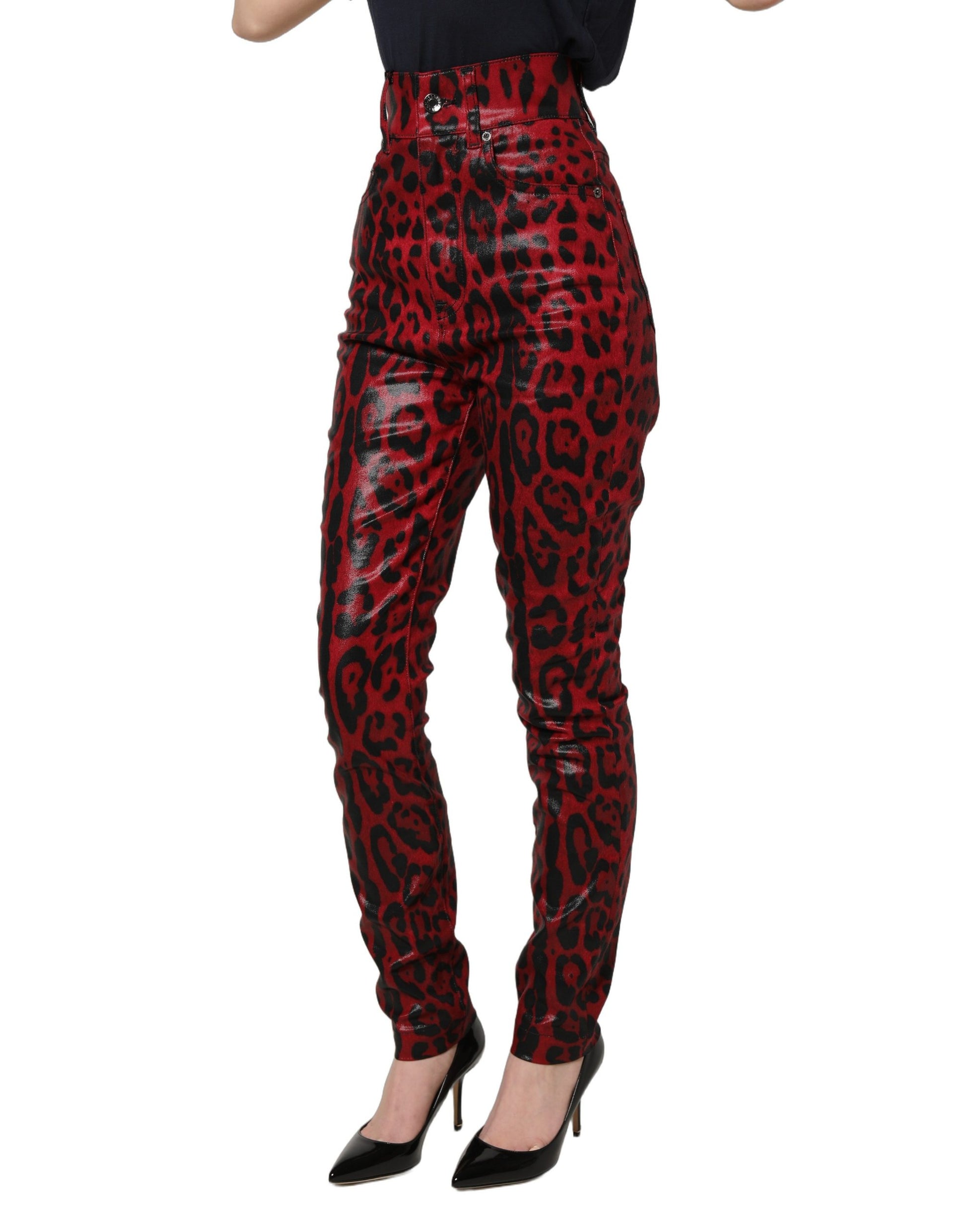 Dolce & Gabbana Glossy Red Leopard Skinny High Waist Denim Jeans