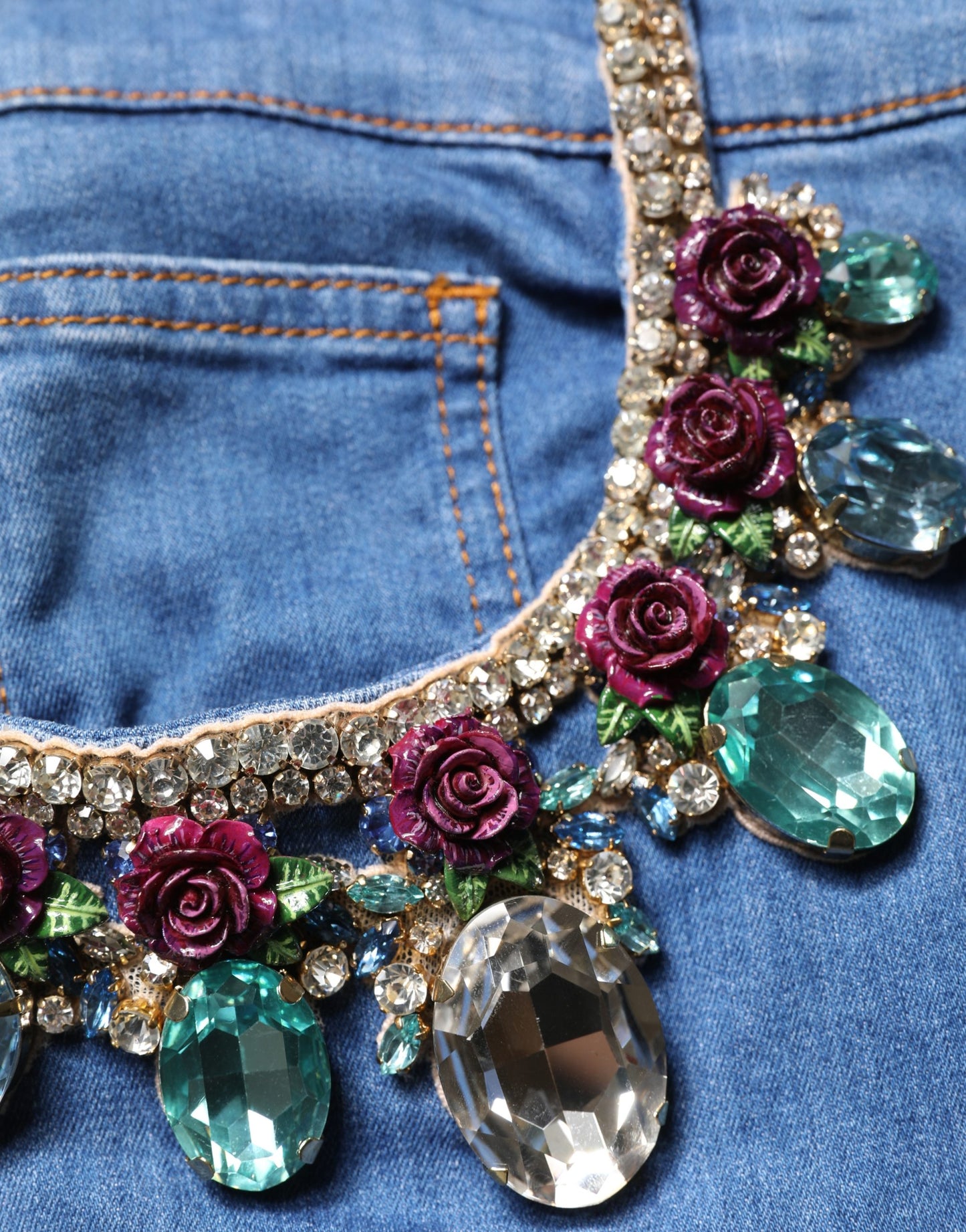 Dolce & Gabbana Blue Cotton Crystal Embellished Knee-Length Denim Shorts