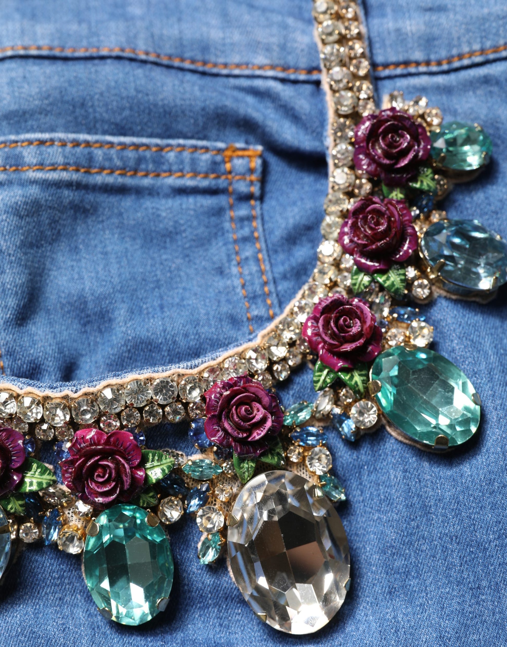 Dolce & Gabbana Blue Cotton Crystal Embellished Knee-Length Denim Shorts