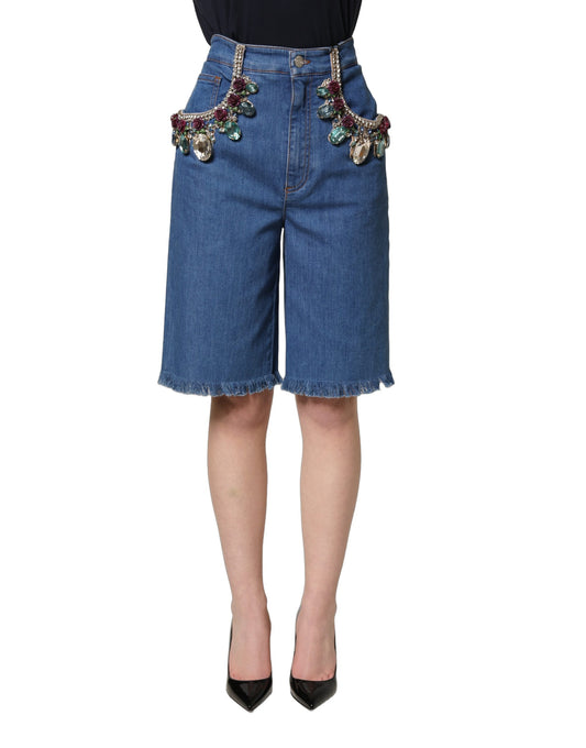 Dolce & Gabbana Blue Cotton Crystal Embellished Knee-Length Denim Shorts