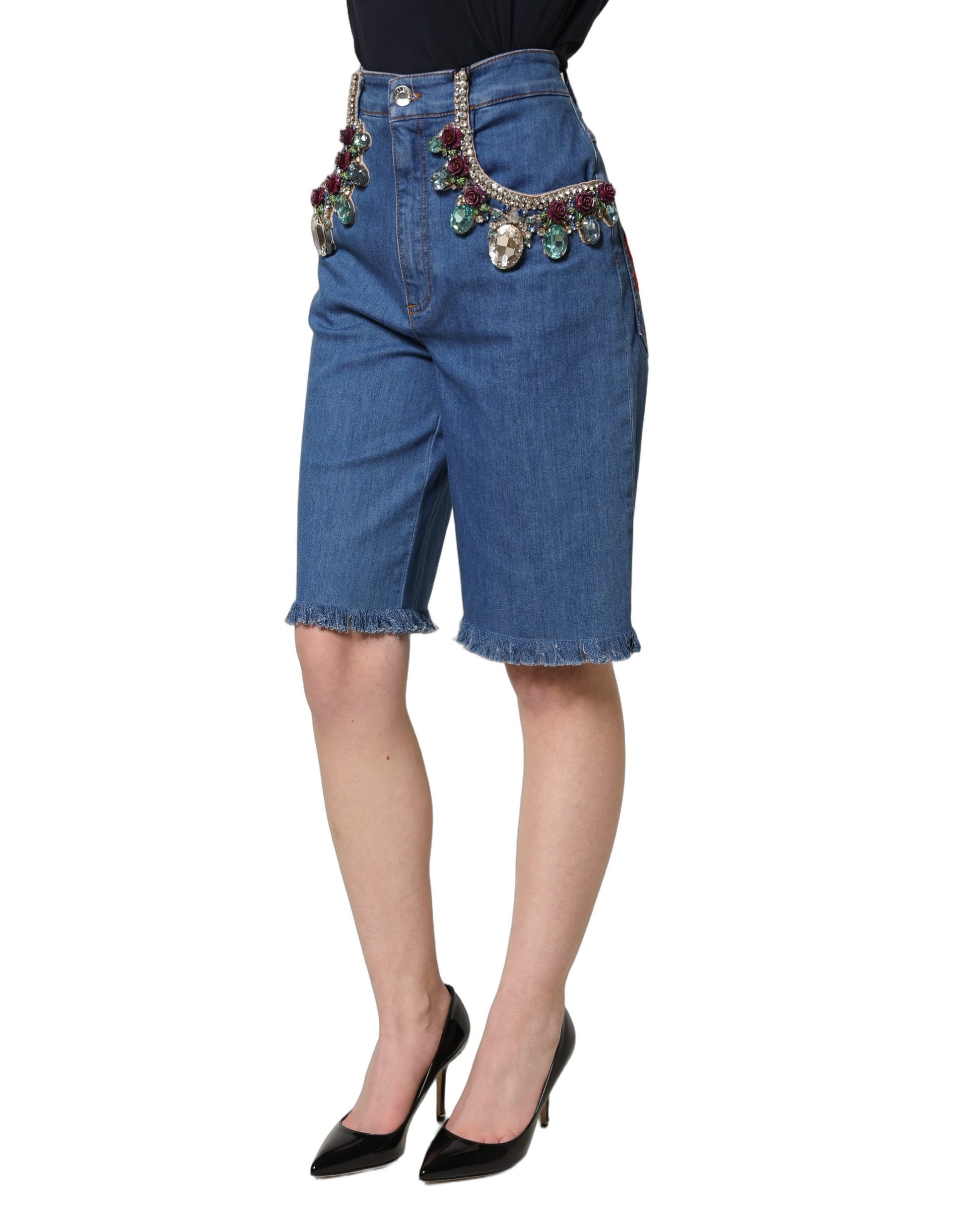 Dolce & Gabbana Blue Cotton Crystal Embellished Knee-Length Denim Shorts