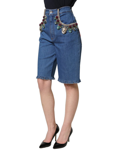 Dolce & Gabbana Blue Cotton Crystal Embellished Knee-Length Denim Shorts