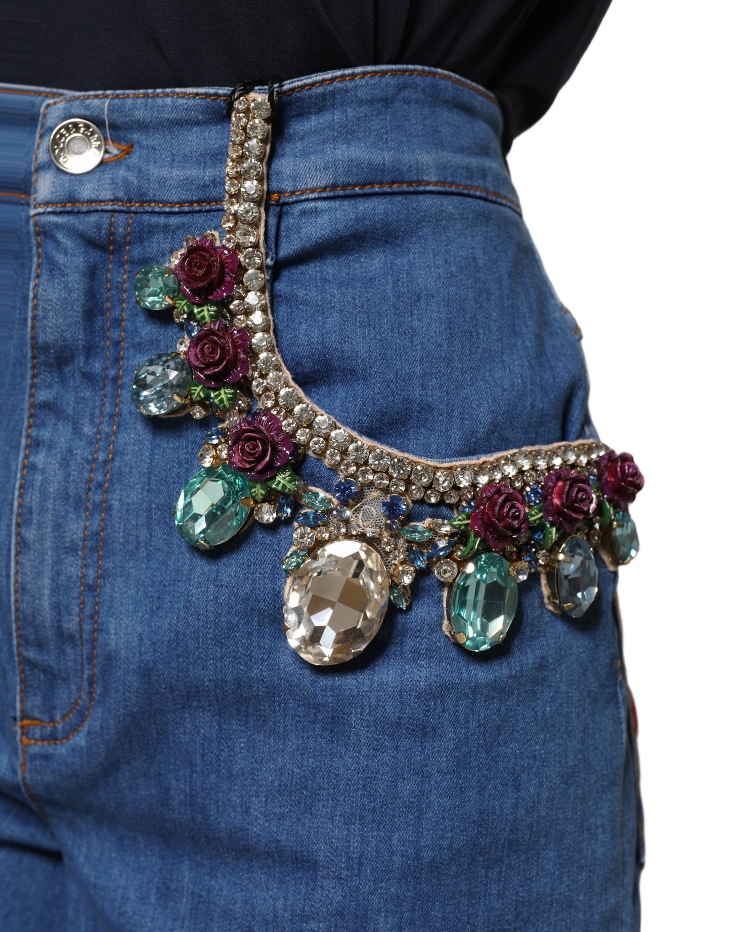 Dolce & Gabbana Blue Cotton Crystal Embellished Knee-Length Denim Shorts