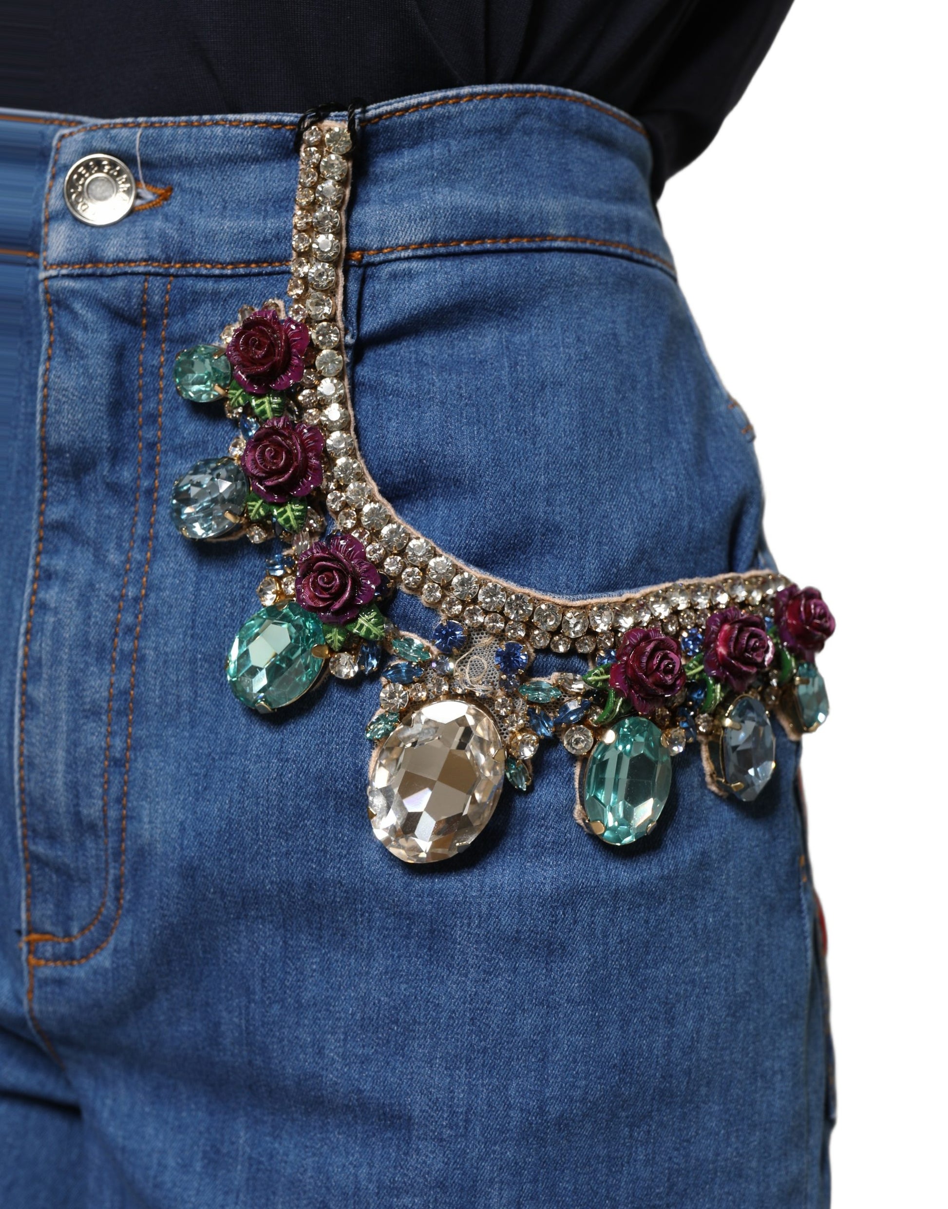 Dolce & Gabbana Blue Cotton Crystal Embellished Knee-Length Denim Shorts
