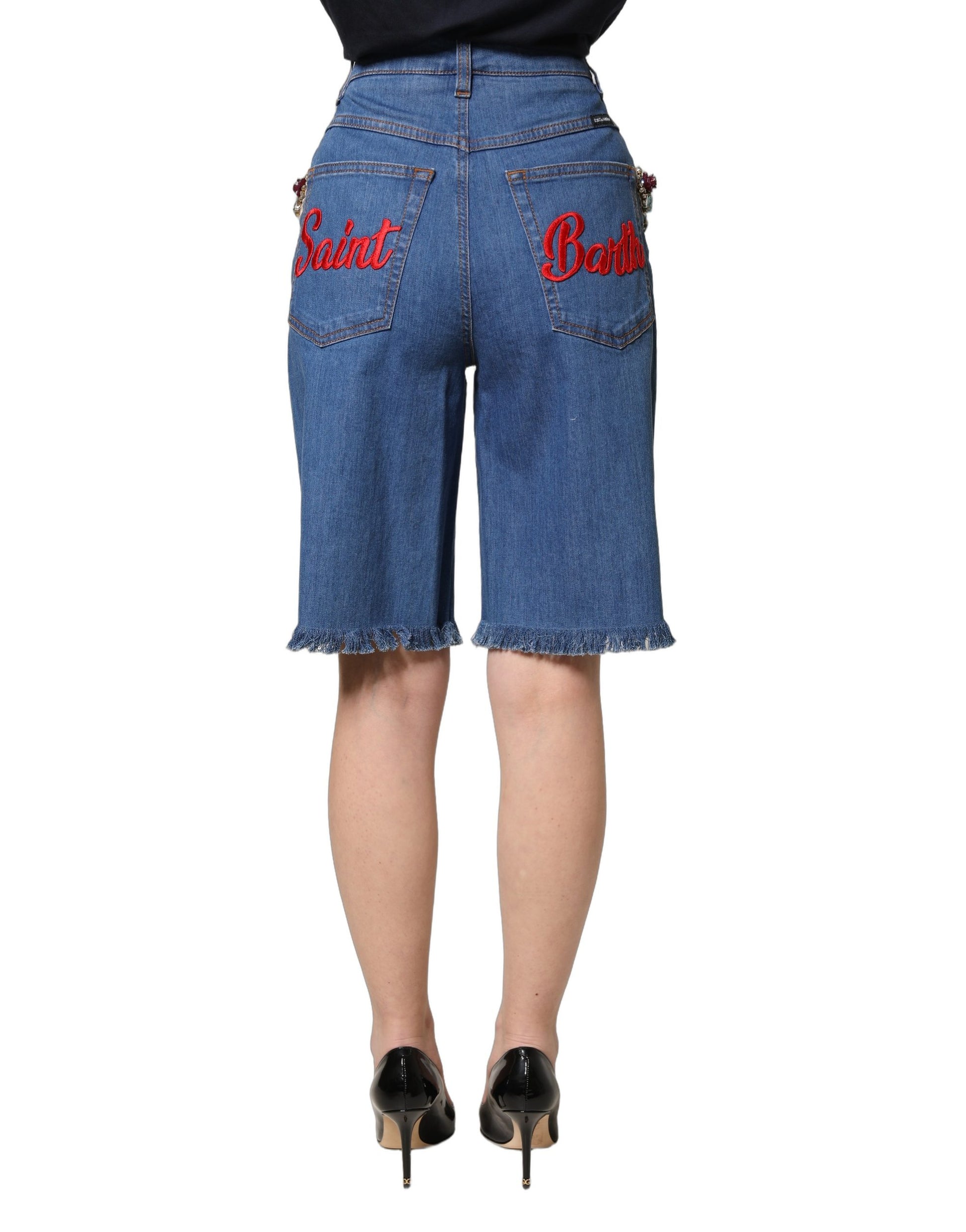 Dolce & Gabbana Blue Cotton Crystal Embellished Knee-Length Denim Shorts