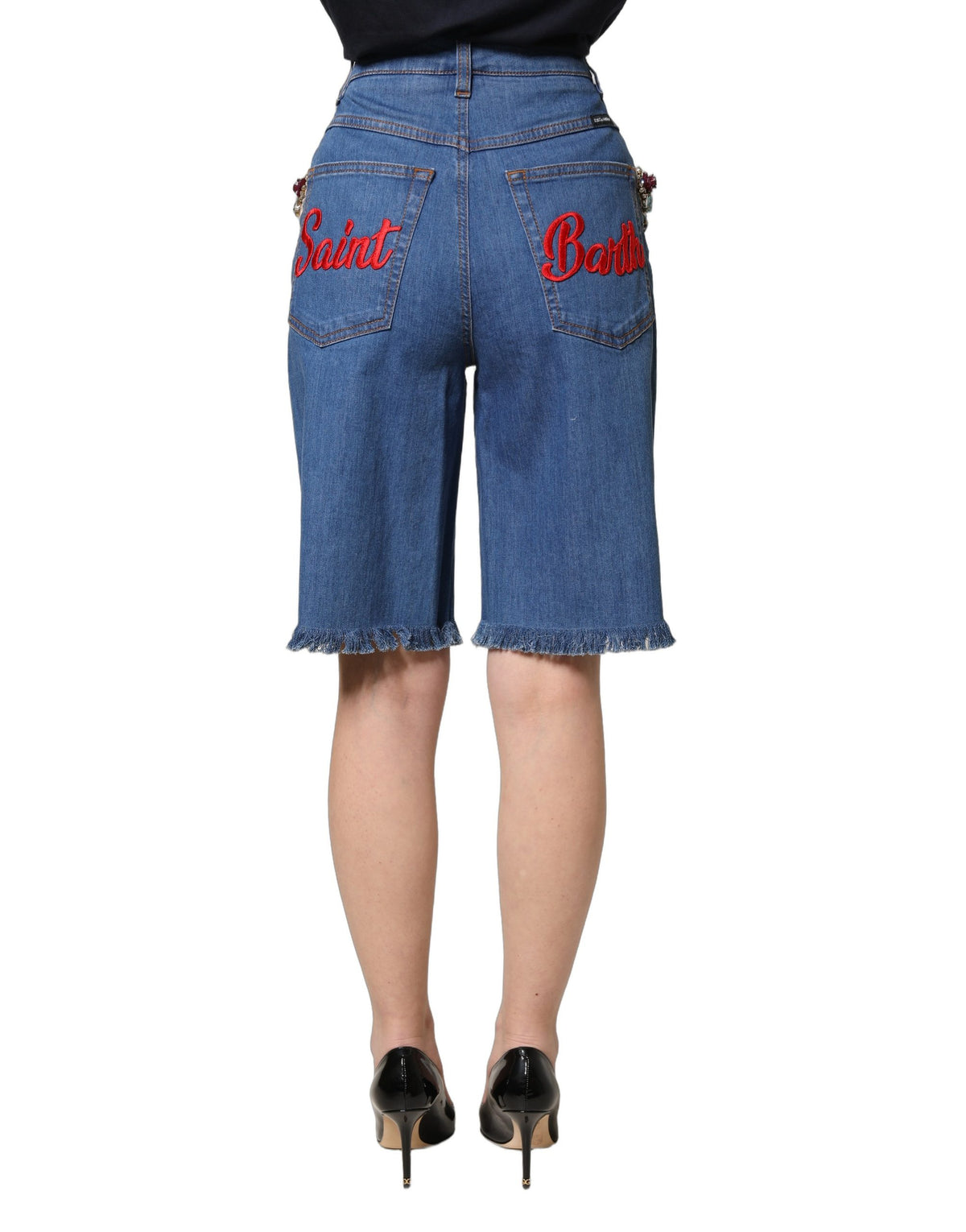 Dolce & Gabbana Blue Cotton Crystal Embellished Knee-Length Denim Shorts