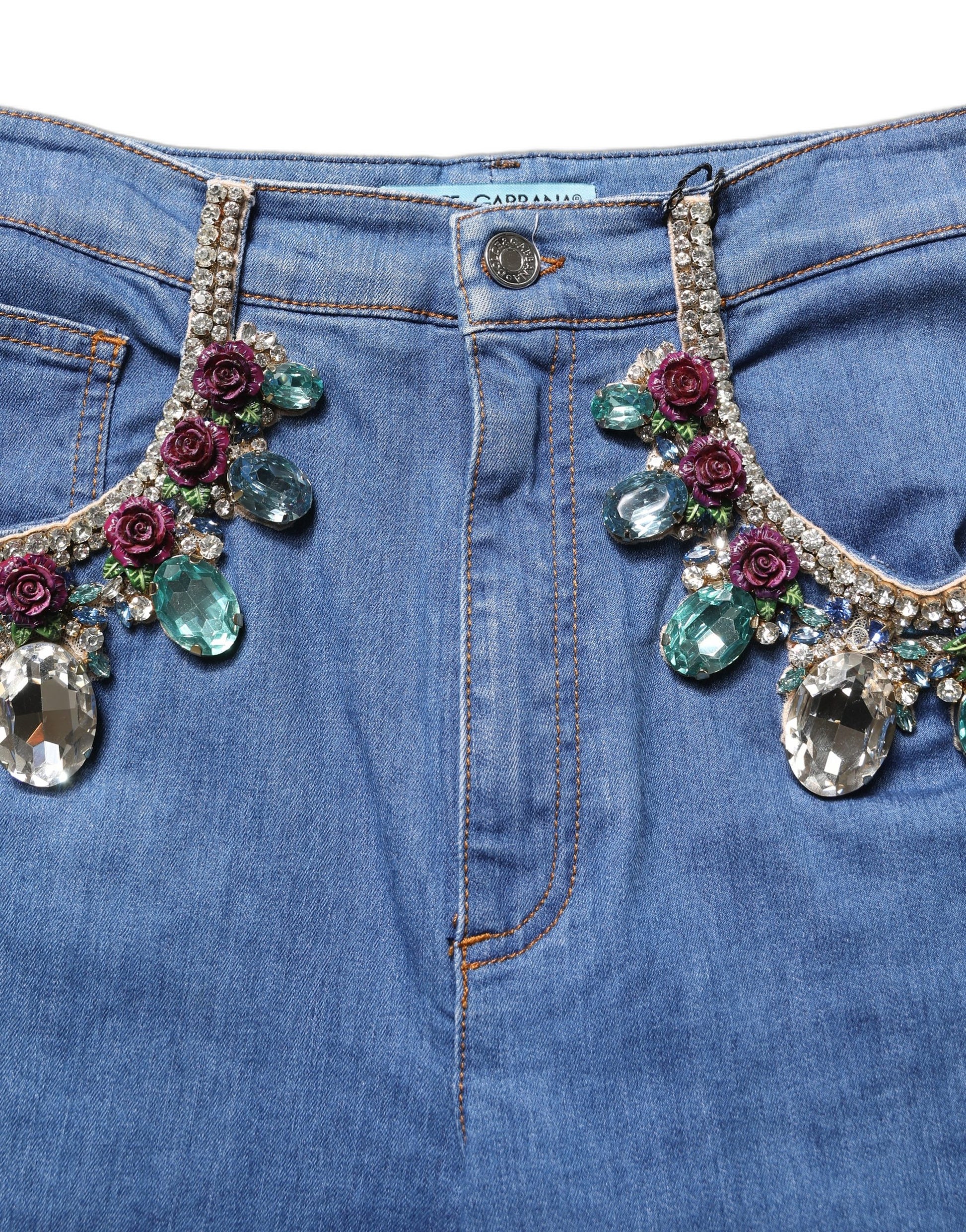 Dolce & Gabbana Blue Cotton Crystal Embellished Knee-Length Denim Shorts