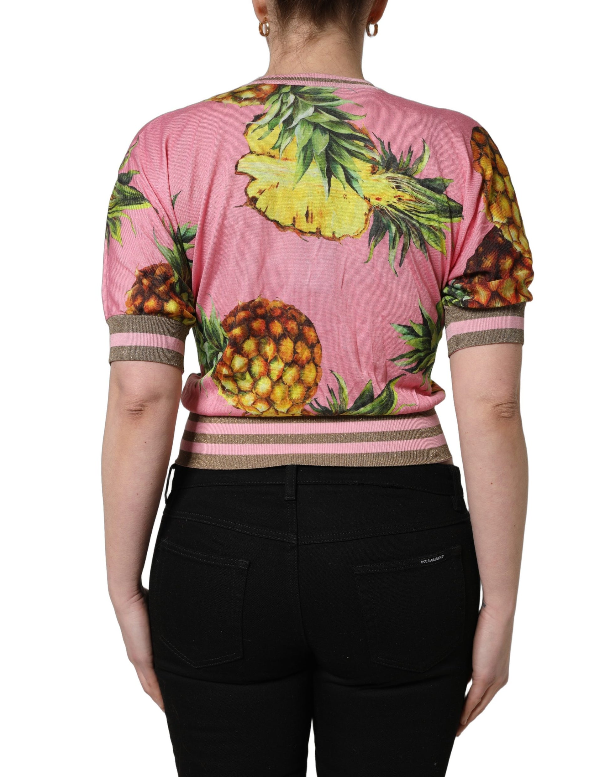 Dolce & Gabbana Pink Pineapple V-neck Short Sleeve Cropped Top