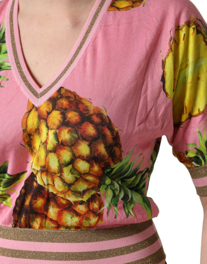 Dolce & Gabbana Pink Pineapple V-neck Short Sleeve Cropped Top