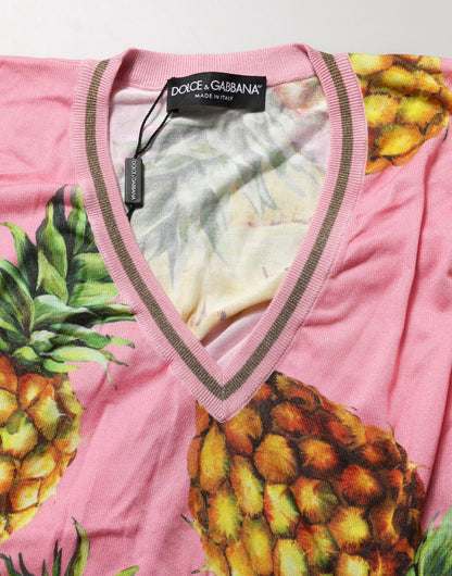 Dolce & Gabbana Pink Pineapple V-neck Short Sleeve Cropped Top