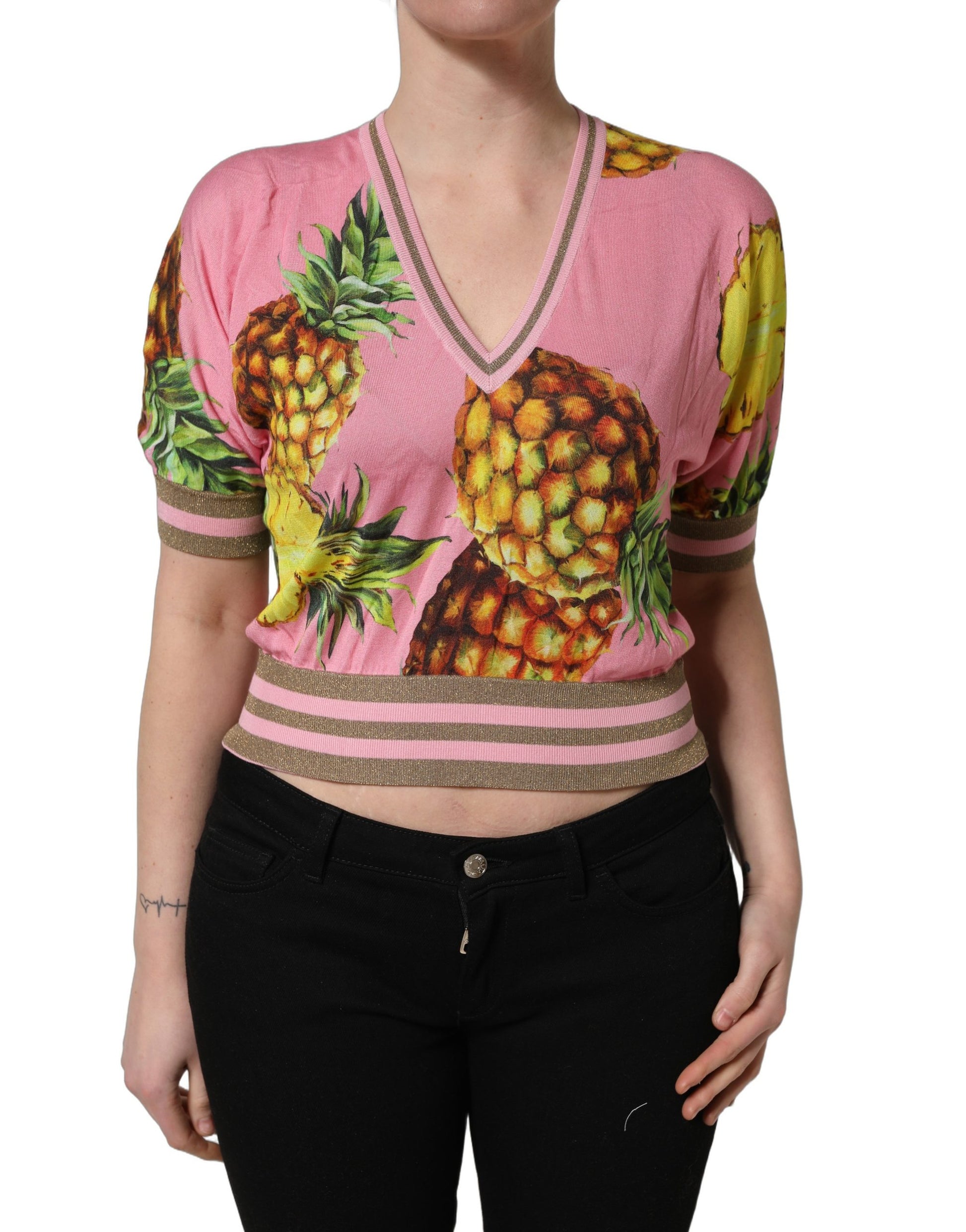 Dolce & Gabbana Pink Pineapple V-neck Short Sleeve Cropped Top