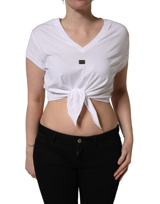 Dolce & Gabbana White Logo Embroidered Tie-Waist Cropped Top