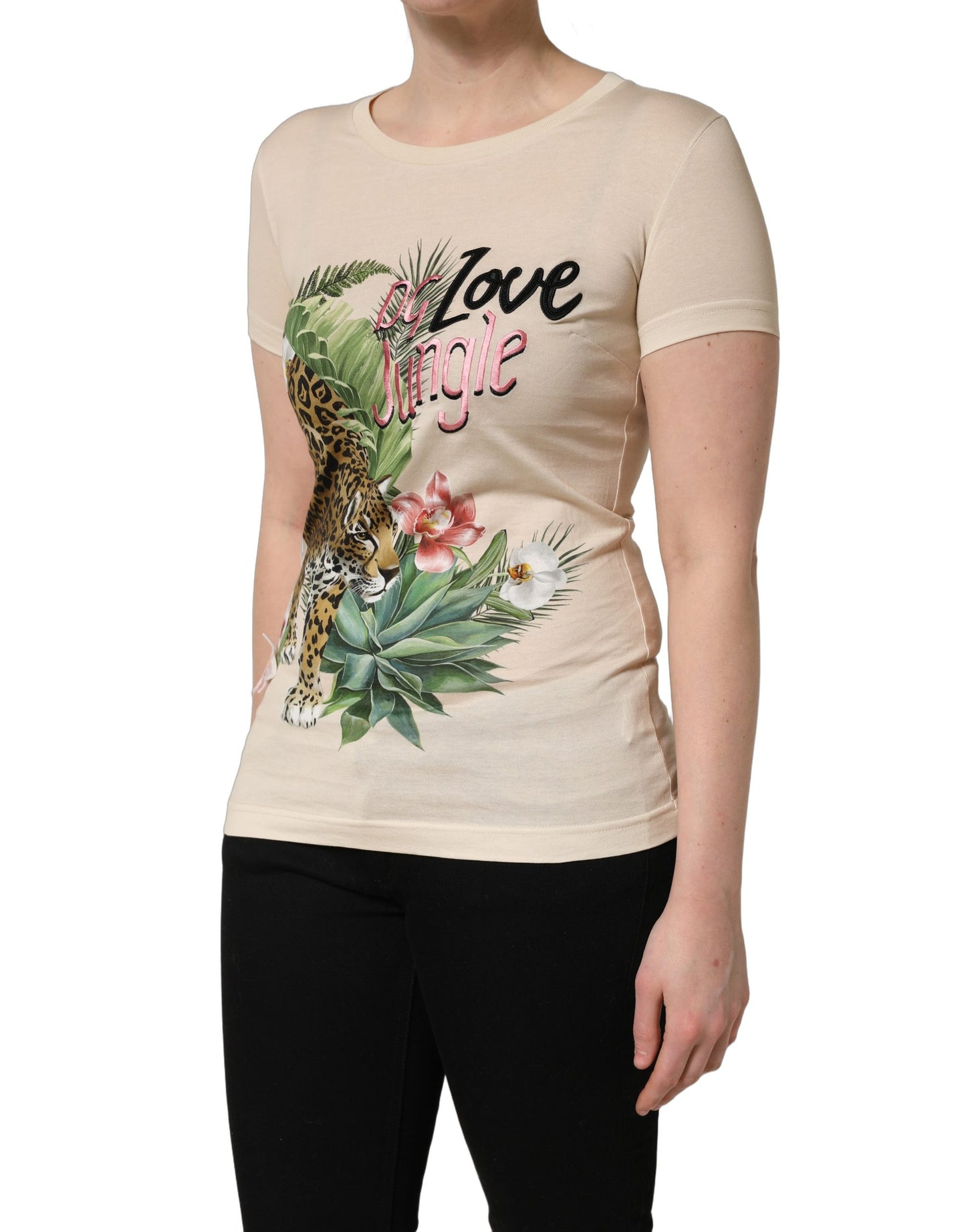 Dolce & Gabbana Beige Love Jungle Print Cotton Round Neck T-Shirt