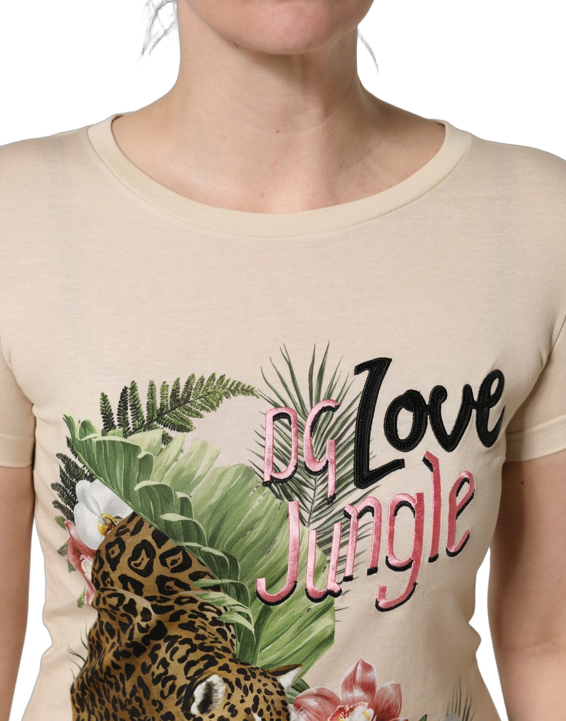 Dolce & Gabbana Beige Love Jungle Print Cotton Round Neck T-Shirt