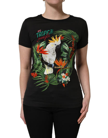 Dolce & Gabbana Black Tropical Jungle Print Cotton Round Neck T-Shirt
