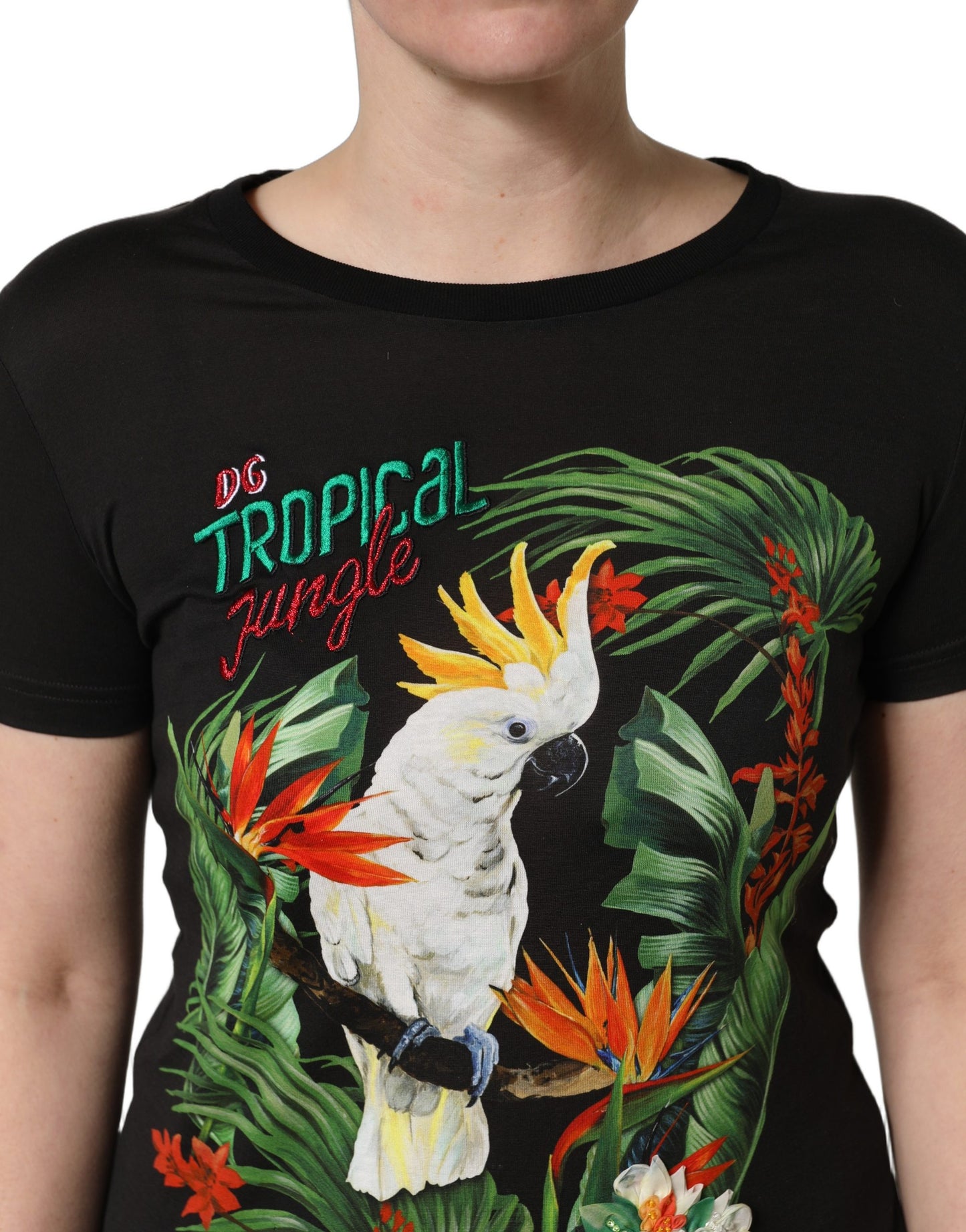 Dolce & Gabbana Black Tropical Jungle Print Cotton Round Neck T-Shirt