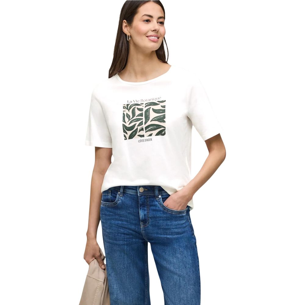 Street One White Cotton T-Shirt with Leaf Artwork Print