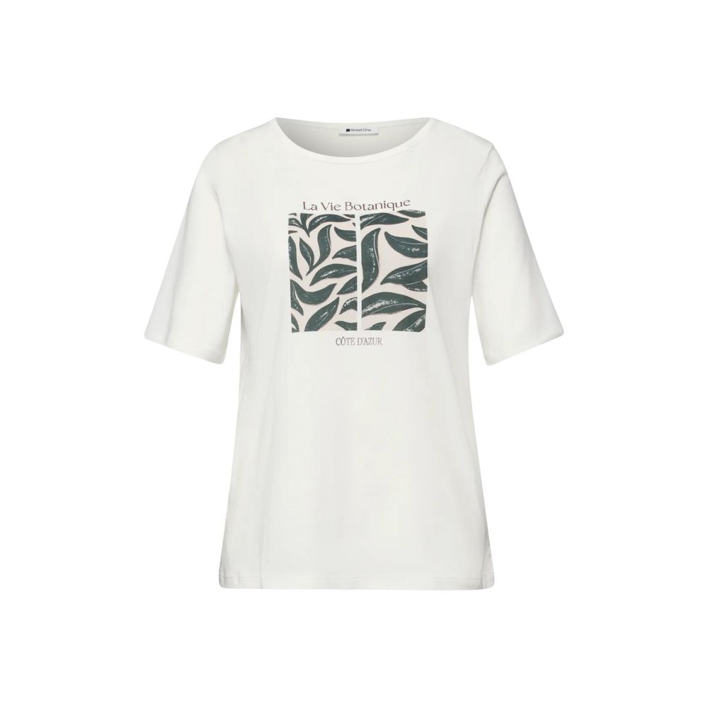 Street One White Cotton T-Shirt with Leaf Artwork Print