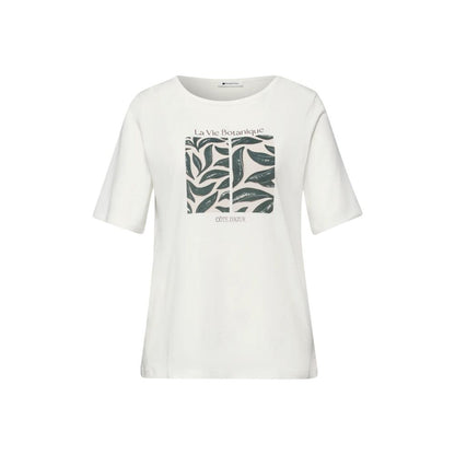 Street One White Cotton T-Shirt with Leaf Artwork Print
