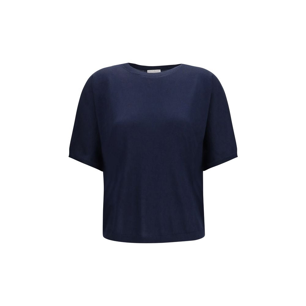 Brunello Cucinelli Blue Short-Sleeve Cashmere and Silk Sweater