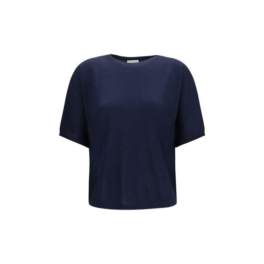Brunello Cucinelli Blue Short-Sleeve Cashmere and Silk Sweater