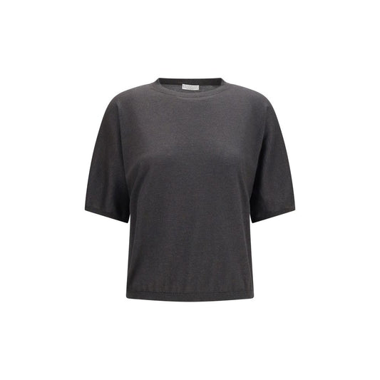 Brunello Cucinelli Gray Short-Sleeve Cashmere and Silk Sweater