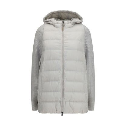 Brunello Cucinelli Gray Long Monil Chain Hooded Puffer Jacket