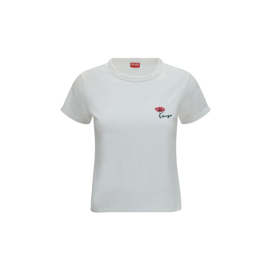 Kenzo White Cotton T-Shirt with Tulip Embroidery