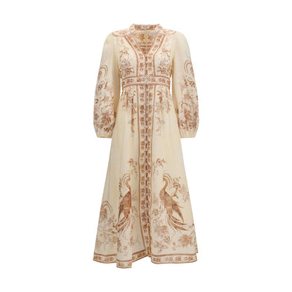 Zimmermann Indra Plunge Midi Dress in Cream Tan Floral