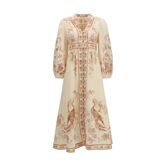 Zimmermann Indra Plunge Midi Dress in Cream Tan Floral