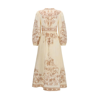 Zimmermann Indra Plunge Midi Dress in Cream Tan Floral