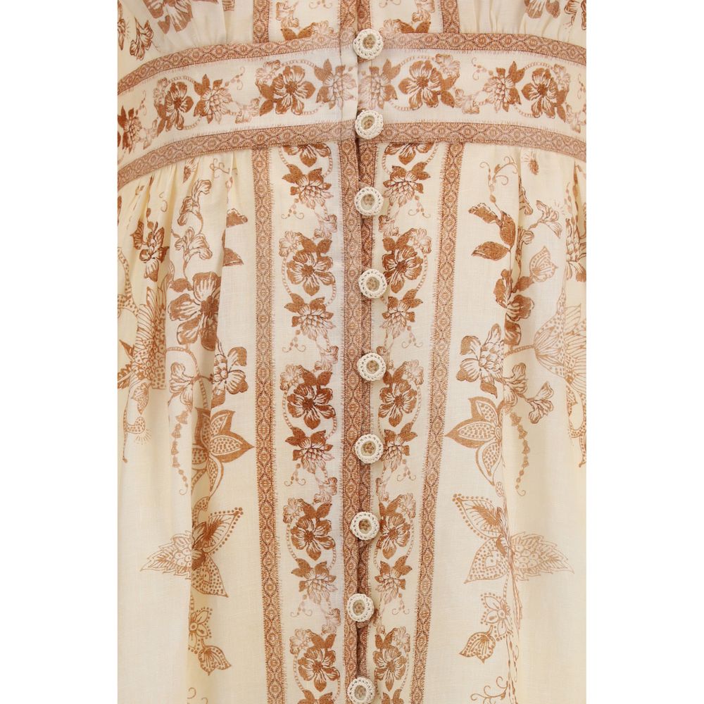 Zimmermann Indra Plunge Midi Dress in Cream Tan Floral