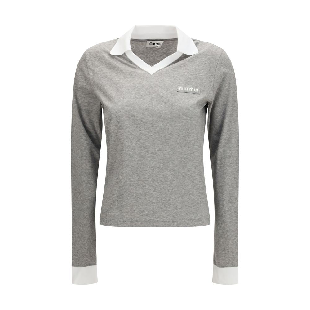 Miu Miu Gray Cotton Long Sleeve T-Shirt with V-Neck and Polo Collar