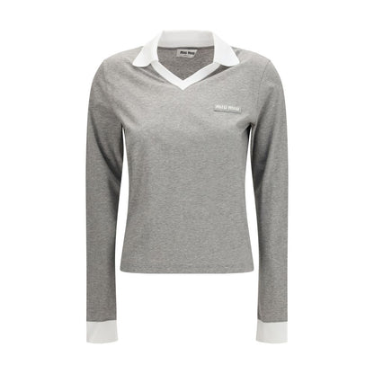 Miu Miu Gray Cotton Long Sleeve T-Shirt with V-Neck and Polo Collar