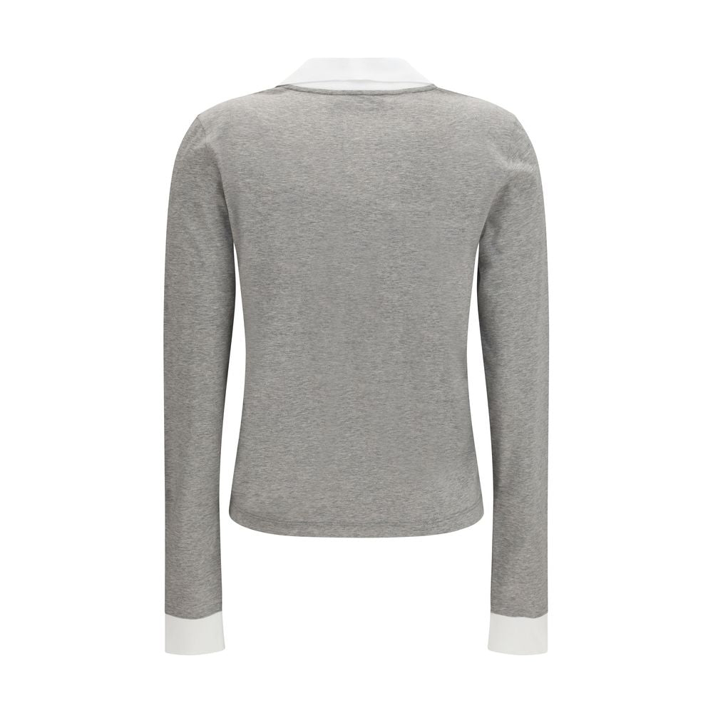Miu Miu Gray Cotton Long Sleeve T-Shirt with V-Neck and Polo Collar