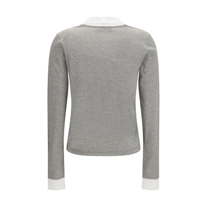 Miu Miu Gray Cotton Long Sleeve T-Shirt with V-Neck and Polo Collar