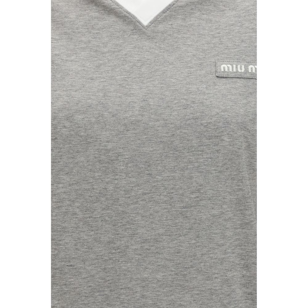 Miu Miu Gray Cotton Long Sleeve T-Shirt with V-Neck and Polo Collar