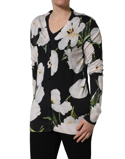 Dolce & Gabbana Black Floral Cashmere Silk Cardigan Sweater