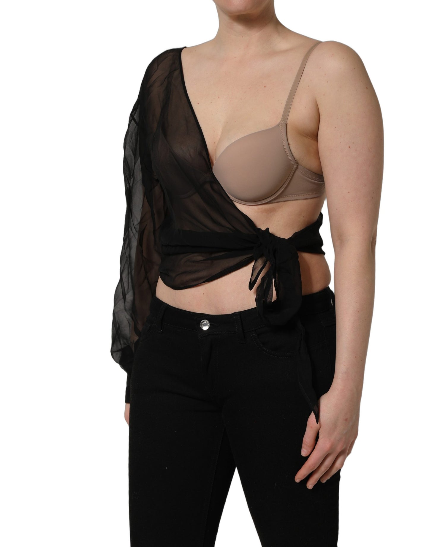 Dolce & Gabbana Black Wrap One Shoulder Sheer Chiffon Top