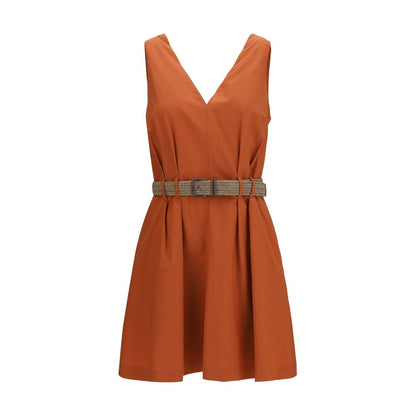 Brunello Cucinelli Orange Sleeveless Belted Cotton Mini Dress