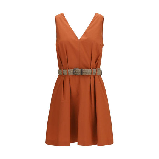 Brunello Cucinelli Orange Sleeveless Belted Cotton Mini Dress