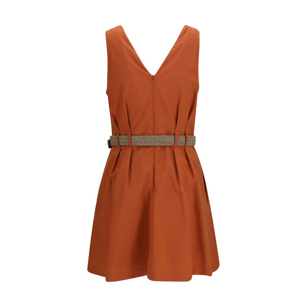 Brunello Cucinelli Orange Sleeveless Belted Cotton Mini Dress