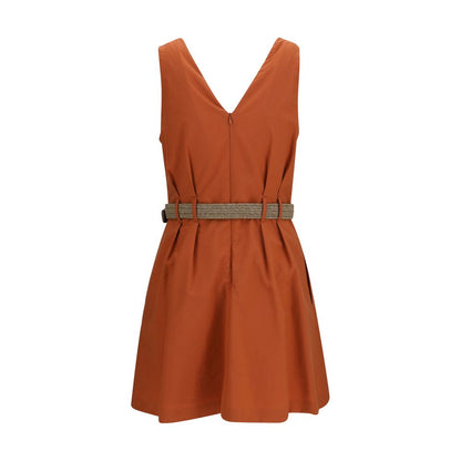 Brunello Cucinelli Orange Sleeveless Belted Cotton Mini Dress