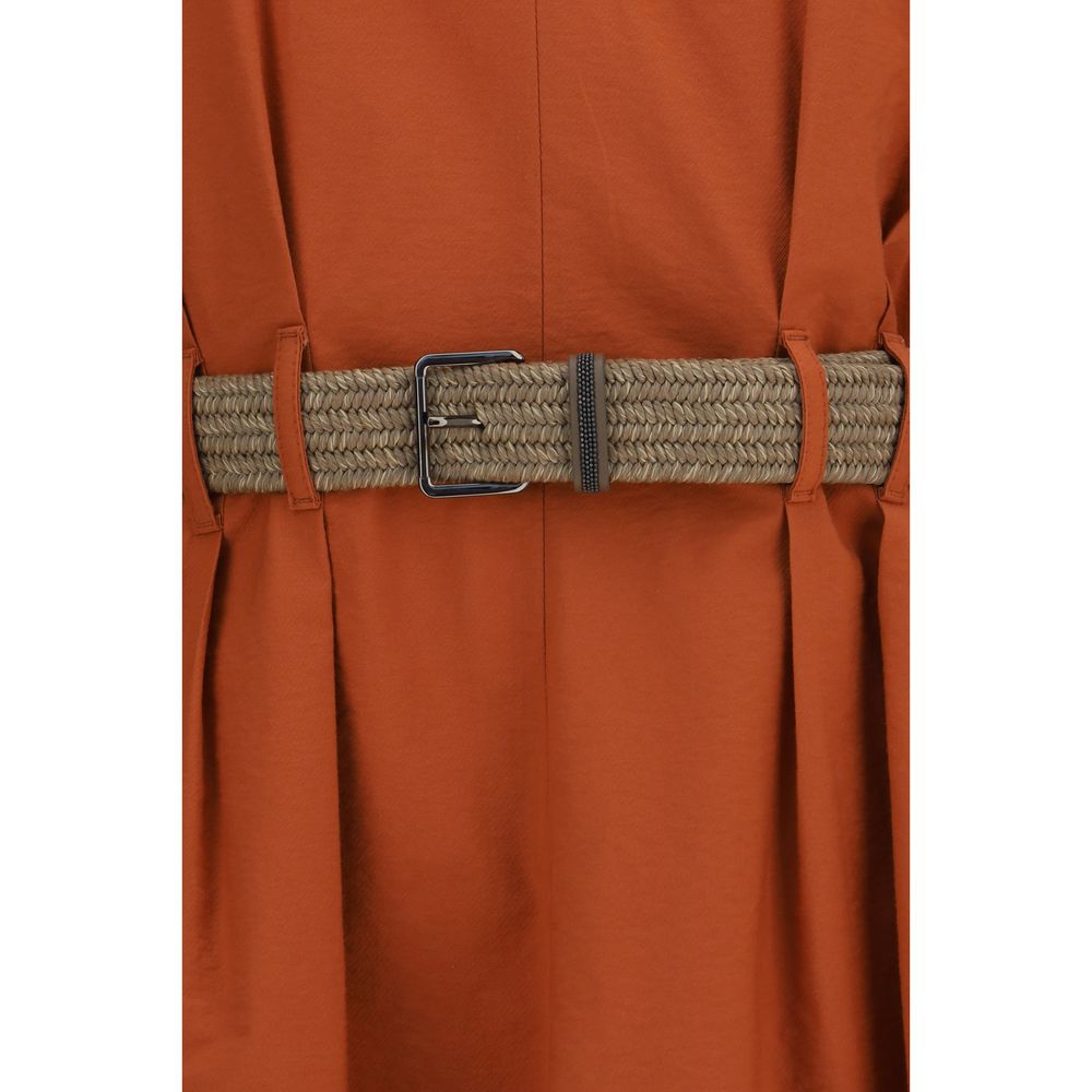 Brunello Cucinelli Orange Sleeveless Belted Cotton Mini Dress