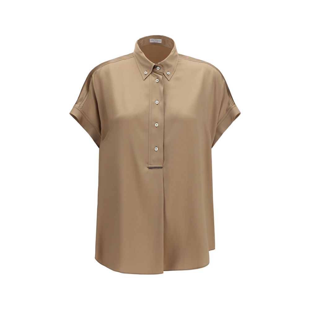 Brunello Cucinelli Beige Silk Short Sleeve Shirt