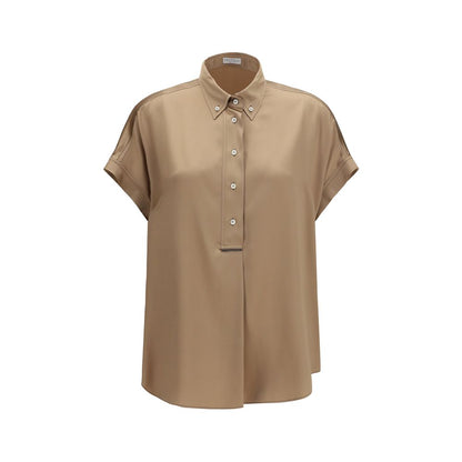 Brunello Cucinelli Beige Silk Short Sleeve Shirt